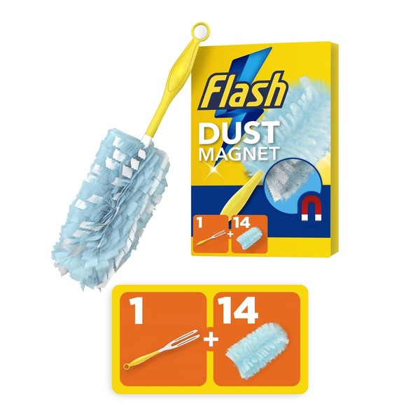 Flash Duster Dust Magnet Starter Kit, 1 Handle + 14 Refills, Trap And Lock Away Dust, Dirt And Hair In No Time