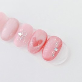 Heart Beam Handmade Nail Tips Pink Heart Magnetic Gel - Coffin Midi / 하트빔 수제네일팁 핑크 하트 자석젤 - 코핀미디