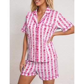 Preppy Pajamas Set for Women Summer 2 Piece Cotton Lounge Shorts Sleepwear Matching Sets Oceanic Print Pink M