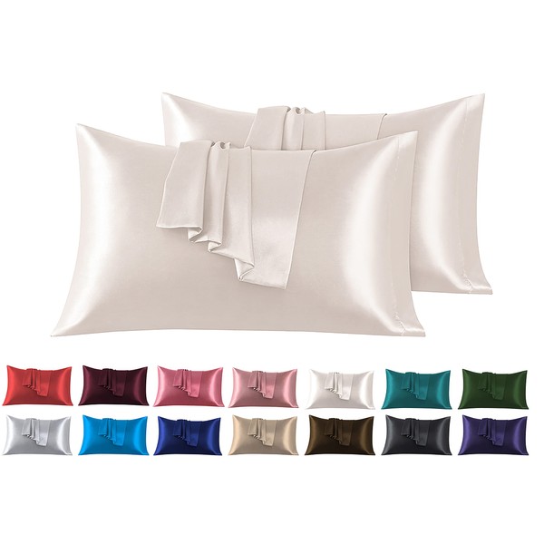 Satin Cushion Cover, 40 x 80 cm, Pack of 2, 100% Satin, Super Soft Pillowcase, Beige Cushion Cover
