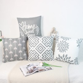 NIULAA Set of 4 Cushion Covers 45 x 45 Velvet Grey White Cushion Cover 18x18 Modern Square Geometric Cushions Quotes Home Decor Pillow Cases for Sofa Bed Outdoor Garden