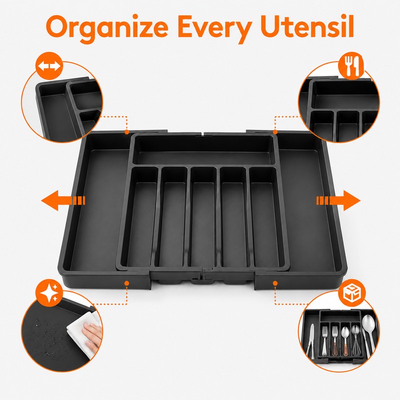 Expandable Silverware Drawer Organizer for Cutlery - Adjustable Plastic Utensil