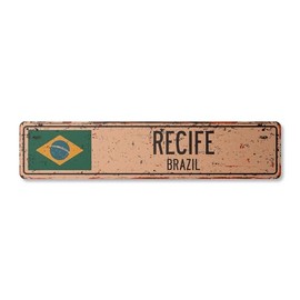 Recife Brazil Vintage Plastic Street Sign Brazilian Flag City Country Road Wall Gift | Indoor/Outdoor | 24" Wide