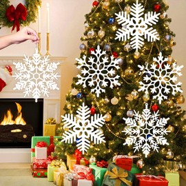 EIMMBD 6pcs Large Snowflakes Ornaments, 12” Plastic Glitter Snowflake Decorations for Indoor Outdoor Christmas Trees Window Room Winter Party Craft (White)