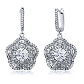 Gem Stone King 925 Sterling Silver White Zirconia Flower Dangle Earrings For Women (5.64 Cttw, Gemstone Birthstone, Round 6MM)