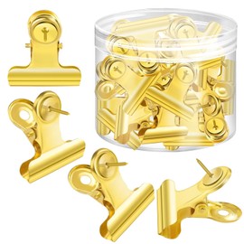 E BAVITE Push Pins Clips, Gold 60 Pieces Metal Clothes Pushpin with Clip for Bulletin Board Cork Boards Wall Crafts Heavy Duty Cubicle Clip for Paper Picture Poster Hanging Office Classroom Home