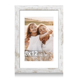 Hongkee 8x12 Picture Frame with Glass, Display Pictures 6x9 with Mat or 8 x 12 without Mat - Wall and Tabletop, 8 by 12 Photo Wooden Frames (Distressed White, 1 Pack)