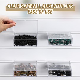 RattanView 4 Pack Clear Slatwall Bins with Lids, Square Plastic Bins Wall Mount Slatwall Storage Containers Slatwall Accessories for Organization Screws Jewelry for Craft Show Home Retail Store