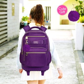 TXHVO 3Pcs Rolling Backpack for Girls Women, 19 Inche Adults Roller Backpacks with Wheels, School Wheeled Bookbag with Lunch Box(Deep Purple)