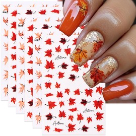 POWPOP Fall Nail Stickers Autumn Maple Leaf Nail Art Stickers Decals 6PCS 3D Self-Adhesive Maple Leaves Nail Art Design Supplies Fall Stickers for Nails Thanksgiving Day DIY Manicure Nail Decorations