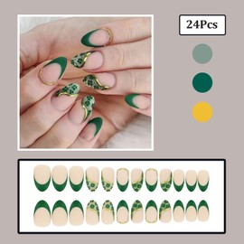 24Pcs St. Patrick's Day Press on Nails Short Fake Nails Green French Tip False Nails with Golden Stripe Design Shamrock Nails Matte Full Cover Glue on Nails St. Patrick's Day Nails for Women (Spring)