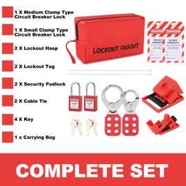 Lockout Tagout Kit, Safety Lockout Padlock Lock Off Kit for Electricians, Professional Multifunctional Industrial Electrical Circuit Breaker Lock Out Padlocks Danger Warning Tag Set with Bag and Keys