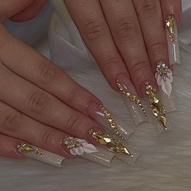 Long Press on Nails Square Fake Nails Bling Nails Press ons with 3D Floral Gold Rhinestones Designs Cute Acrylic Nails Full Cover Glossy Glue on Nails Stick on Nails for Women Nails Decorations 24 Pcs