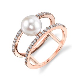 The Pearl Source 7-8mm Genuine White Freshwater Cultured Pearl Rose Gold Luna Ring for Women