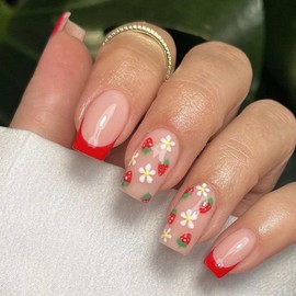 MERVF Square Press on Nails Medium Fake Nails Red French Tip Glue ons Strawberry Flower Design Cute Squoval Acrylic DIY Manicure Nail Supplies Art Summer 24pcs Glossy