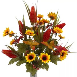 Unbranded Set of 2 Artificial Mini Sunflowers with Mixed Foliage 17" Floral Bushes