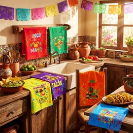 Mixweer 6 Pcs Mexican Kitchen Towels Cinco De Mayo Dish Towels Colorful Mexican Taco Tea Hand Towel Farmhouse Absorbent Decoration for Fiesta Party Bathroom Kitchen Home Accessories, 14 x 21 in