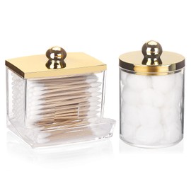 Tbestmax 2 Pack Qtips Dispenser - Bathroom Organizers and Storage Containers, Plastic Apothecary Jars with Gold Lids for Cotton Ball, Cotton Swab, Cotton Round Pads, Floss