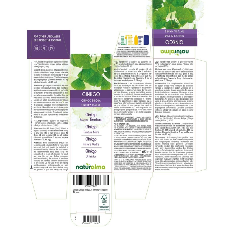 Ginkgo (Ginkgo biloba) Leaves Alcohol-Free Mother Tincture Naturalma - Liquid