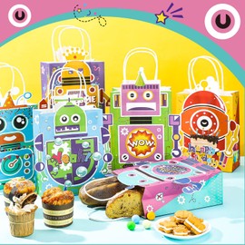 24 Pcs Robot Party Supplies Candy Gift Bags, Robot Goodie Gift Treat Bags, Kids Candy Treat Bags with Handle for Robot Themed Birthday Party Decorations Supplies