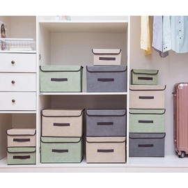 EURXLQ 6 Foldable Storage Boxes with Lid, Colour Mix, 36 x 23 x 24, Linen Fabric, Foldable Storage Bin with Flip-Top Lid and Handles, Clothing Blanket Box for Home, Wardrobe (2Beige, 2Grey, 2Green)