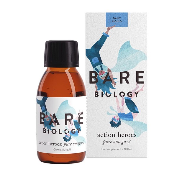 Bare Biology Action Heroes Pure Omega 3 Fish Oil Daily Liquid - Optimum Support for Brain Function & Eyes - from 6 Months Old - Super Strength/Made from Sustainably Sourced Fish (100ml)