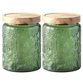 Vintage Glass Jar with Lid,Cookie Candy Jar Coffee Canister Food Storage Containers Storage Jar Set for Kitchen Office (Green garden - acacia)