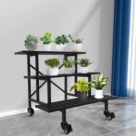 DYNAMI 3 Tier Metal Plant Stand with Wheels,Large Steel Heavy Duty Moving Plant Holder,Sturdy Stepped Plant Shelf,Load 660 lbs,for Balcony, Home, Garden,Indoor and Outdoor,L 35 x W 26 x H 27 inch (With Wheels)
