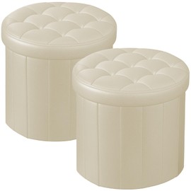 Bsketa® Ottoman with Storage， Foot Rest Stool with Thicker Foam Padded Seat Leather Small Round 14“ x 14” x 13 "Inchs Storage Ottoman Bench for Living Room Foldable Pouf Coffee Table 2 Pack，Beige