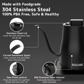 QIAYA Electric Gooseneck Kettle 0.6L，1000W Fast Boiling Stainless Steel Hot Water Pot for Coffee Tea with Auto Shut-off,Steam Sensor ON/OFF Switch,Black