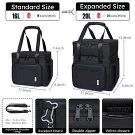 NOL Natural Organic Lifestyle Insulated Lunch Bag for Adults, Large Double-layer Expandable Leakproof Lunch Cooler Bag,Lunch Tote Bag With Side Tissue Pocket for Men Work Outdoor Travel Picnic (Black)