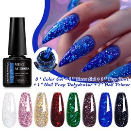 MEET ACROSS 12 Pcs Christmas Gel Nail Polish Set, 8 Colors Glitter Red Green Gold Blue Gel Polish with Base Top Gel Nail Dehydrator and Primer Soak Off Nail Art DIY Salon Manicure Holiday Gift