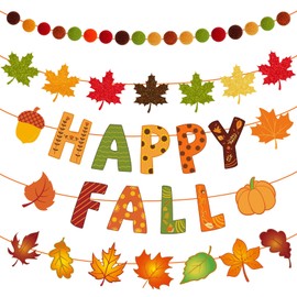 JarThenaAMCS 5Pcs Autumn Thanksgiving Garland Decorations Happy Fall Paper Banner Felt Pompom Ball Garland Glitter Maple Leaves Pumpkin Hanging Ornaments for Home Party