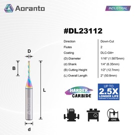 Aoranto DL23112 1/16" Downcut Spiral CNC Router Bit 1/4" Shank, Industrial Quality Extra Long Life Coating Solid Carbide Down Cut End Mill for Wood Slot Engraving Carving, 1/16 Inch Dia x 1/2 Inch CL