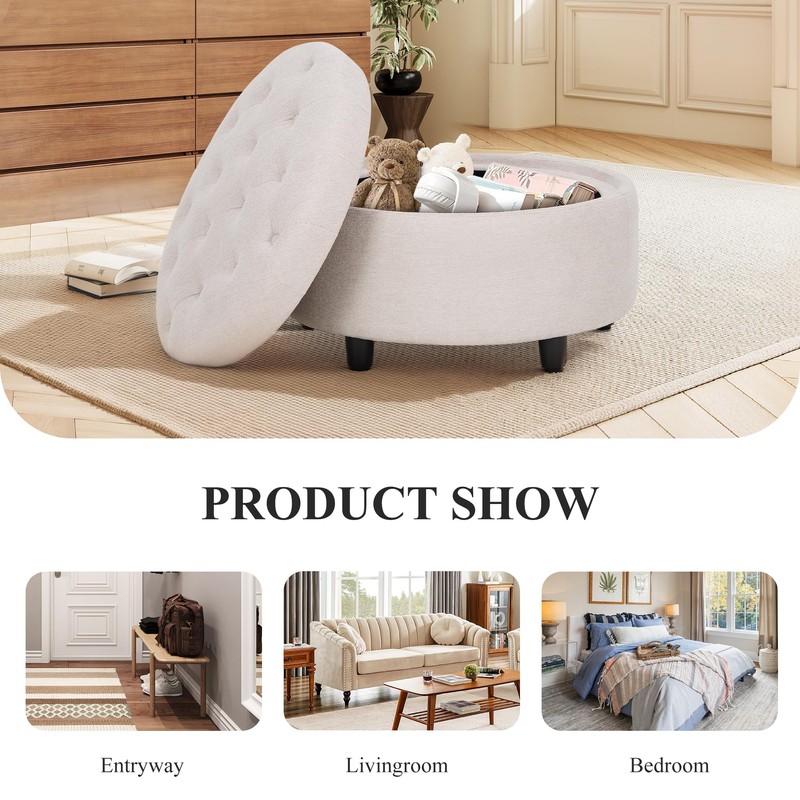 COLAMY Fabric Round Storage Ottoman with Reversible Tray Lid –