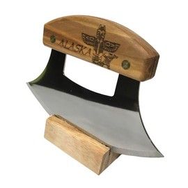 The Ulu Factory Alaska Birch Ulu Knife 6" Stainless Steel Blade with Block Wood Stand Totem Pole