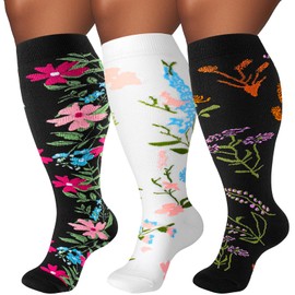 FOFLORA Plus Size Compression Socks for Women & Men 3 Pairs, Wide Calf Extra Large 20-30 mmHg Knee High Support Socks for Travel, Running, Nurse