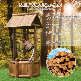 HAPPYGRILL Outdoor Wishing Well Water Fountain, Old-Fashioned Wood Waterfall Fountain with Bucket Pump, Rustic Farmhouse Decoration for Garden Backyard