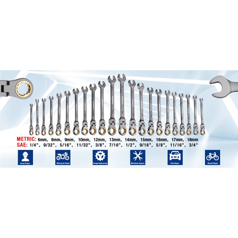 WORKPRO 22-Piece Flex-Head Ratcheting Wrench Set Metric 6-18mm & SAE