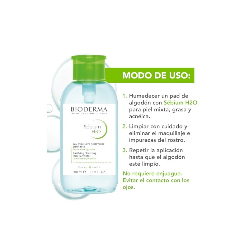 BIODERMA, Agua Micelar, Sébium H2O Pump, Desmaquillante para Piel Grasa,