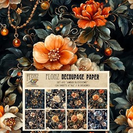 Paquete de papel Decoupage (24 hojas de 6 x 6 pulgadas), flores de color ámbar: flores de color naranja radiantes mejoradas con lujosos detalles de joyas para exquisitas manualidades y aplicaciones de