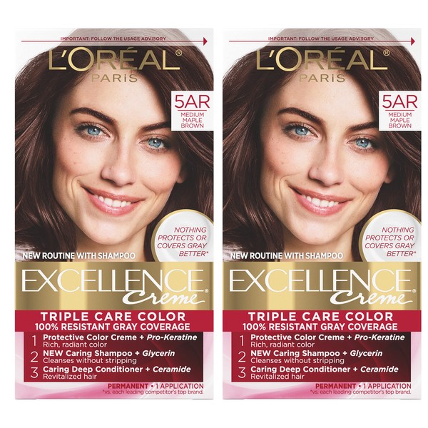 L'Oreal Paris Excellence Creme Permanent Hair Color, 5AR Medium Maple Brown, 100 percent Gray Coverage Hair Dye, Pack of 2