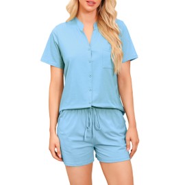 Vlazom Women's Cotton Pyjamas Set, Button Down Soft Pj's Sets Short Sleeve Top and Shorts for Summer Loungewear Sleepwear B-Light Blue,S