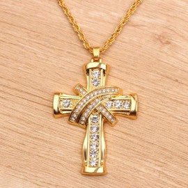 Cross Necklace for Men, Cubic Zirconia Cross Crucifix Pendant Necklace with 27.6” Chain, Christian Religious Necklace, Gold Cross Amulet Necklace, Baptism Christian Jewelry for Men