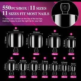 AIMEILI Soft Gel Full Cover Toe Nail Tips, 550PCS Clear Gel Nail Tips False Nail Artificial for Nail Extension, Acrylic False Press on Nails with Case for Nail Art Salon and Home DIY, 11 Sizes 007