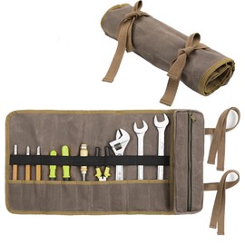 10 Pockets Tool Roll Bag, Robust 16 oz Waxed Cotton Canvas Tool Bag with 2 Wrap Straps, Multi-Purpose Tool Bag for Metric, SAE (Grey)