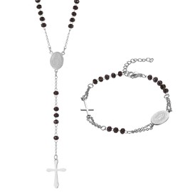 Flongo 2 Pieces Rosary Bracelet Necklace: Jewellery Set with Cross Pendant Catholic Virgin Mary Gold Black Rosary Stainless Steel Adjustable Bracelet Chain Religious Protection Virgin Mary, Stainless
