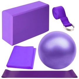 Kit de Accesorios para Pilates - Set de 5 Bandas Elásticas Fitness, Gomas para Musculación, Bloque de Yoga, Pelota Pequeña de Pilates y Bandas de Resi