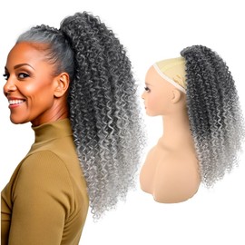 UAmy hair Long Curly Drawstring Ponytail for Women 22inch Synthetic Instant Clip Ponytail Extension Gray Afro Kinky Curly Hair Pony tail, T1B/Gray Salt and Papper Hair
