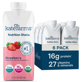 KATE FARMS Organic Nutrition Shake, Strawberry, 16g of Protein, 27 Vitamins and Minerals, Meal Replacement, Protein Shake, 11 Fl oz (6 Pack)